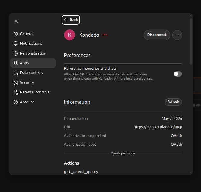 Kondado app connected in ChatGPT with the DEV badge