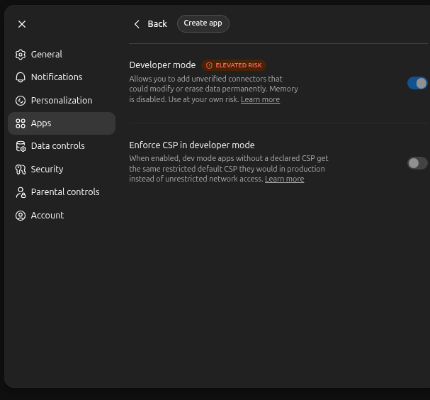 Developer mode toggle under Advanced settings with ELEVATED RISK badge