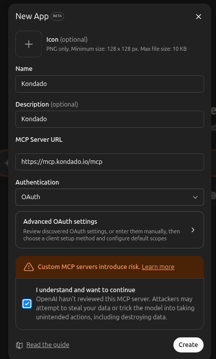 New App modal filled in with Kondado and the MCP URL