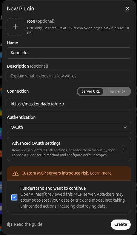 New Plugin modal filled in with Kondado and the MCP server URL