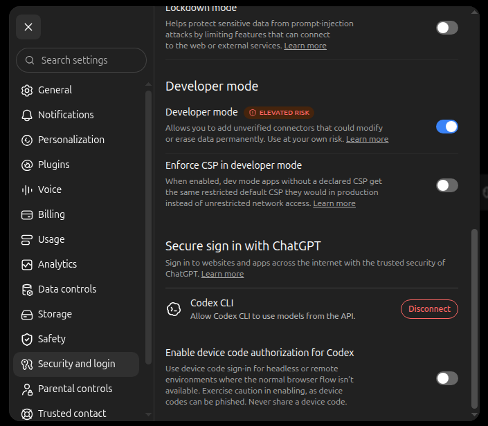 ChatGPT Settings → Security and login, Developer mode toggle on with the ELEVATED RISK badge