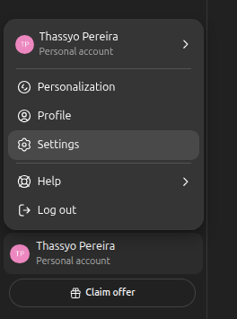 ChatGPT account dropdown showing the Settings option