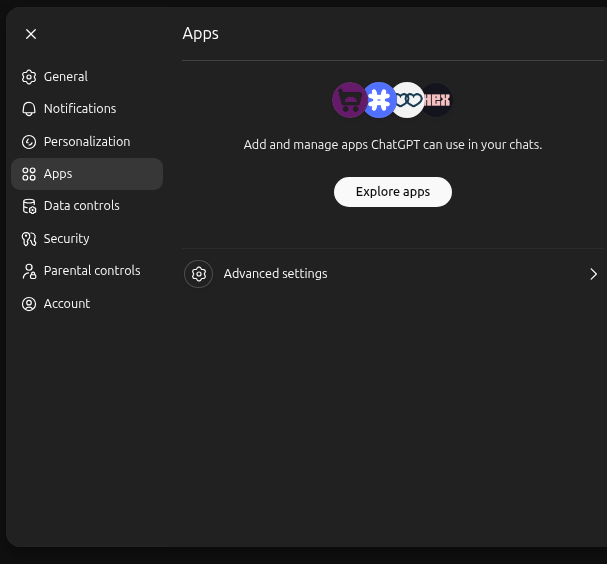 ChatGPT Settings → Apps with the Advanced settings link at the bottom