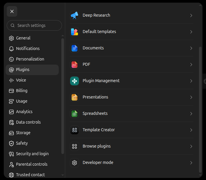 ChatGPT Settings → Plugins, list scrolled to the Developer mode item