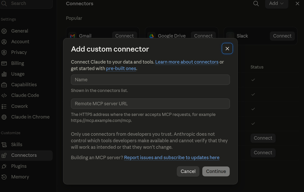 Claude Add custom connector window with the Name and Remote MCP server URL fields and the Cancel and Continue buttons