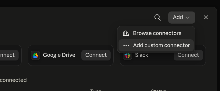 Add button menu on Claude's Connectors screen, showing Browse connectors and Add custom connector