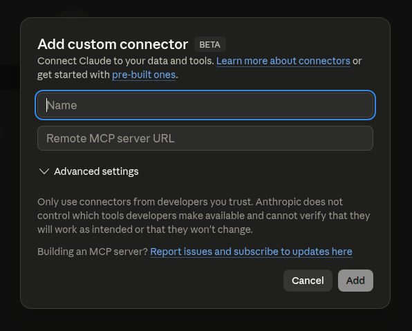 Add custom connector modal with the Name and Remote MCP server URL fields