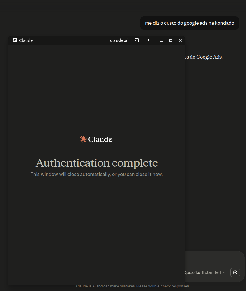 Authentication complete screen confirming the popup will close