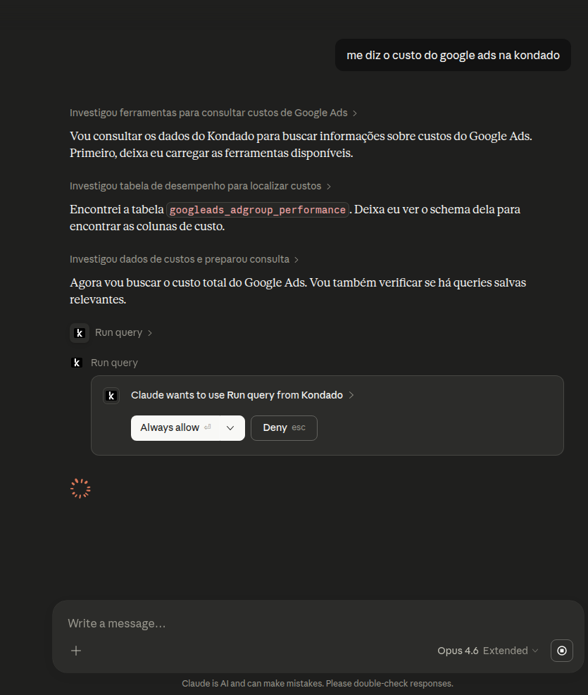 Claude permission dialog asking to allow Run query from Kondado with Always allow and Deny buttons