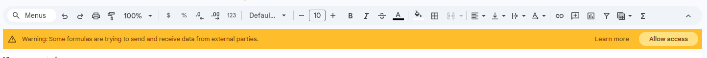 Aviso do Google Sheets: Some formulas are trying to send and receive data from external parties, com o botao Allow access (Permitir acesso)