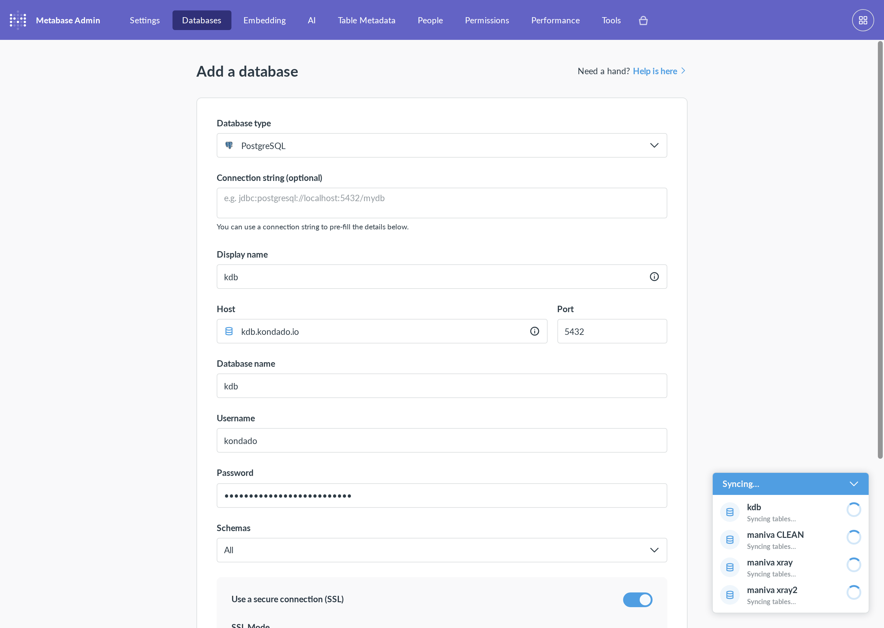 The “Add a database” form with the PostgreSQL type, host kdb.kondado.io, port 5432, database kdb and SSL enabled.