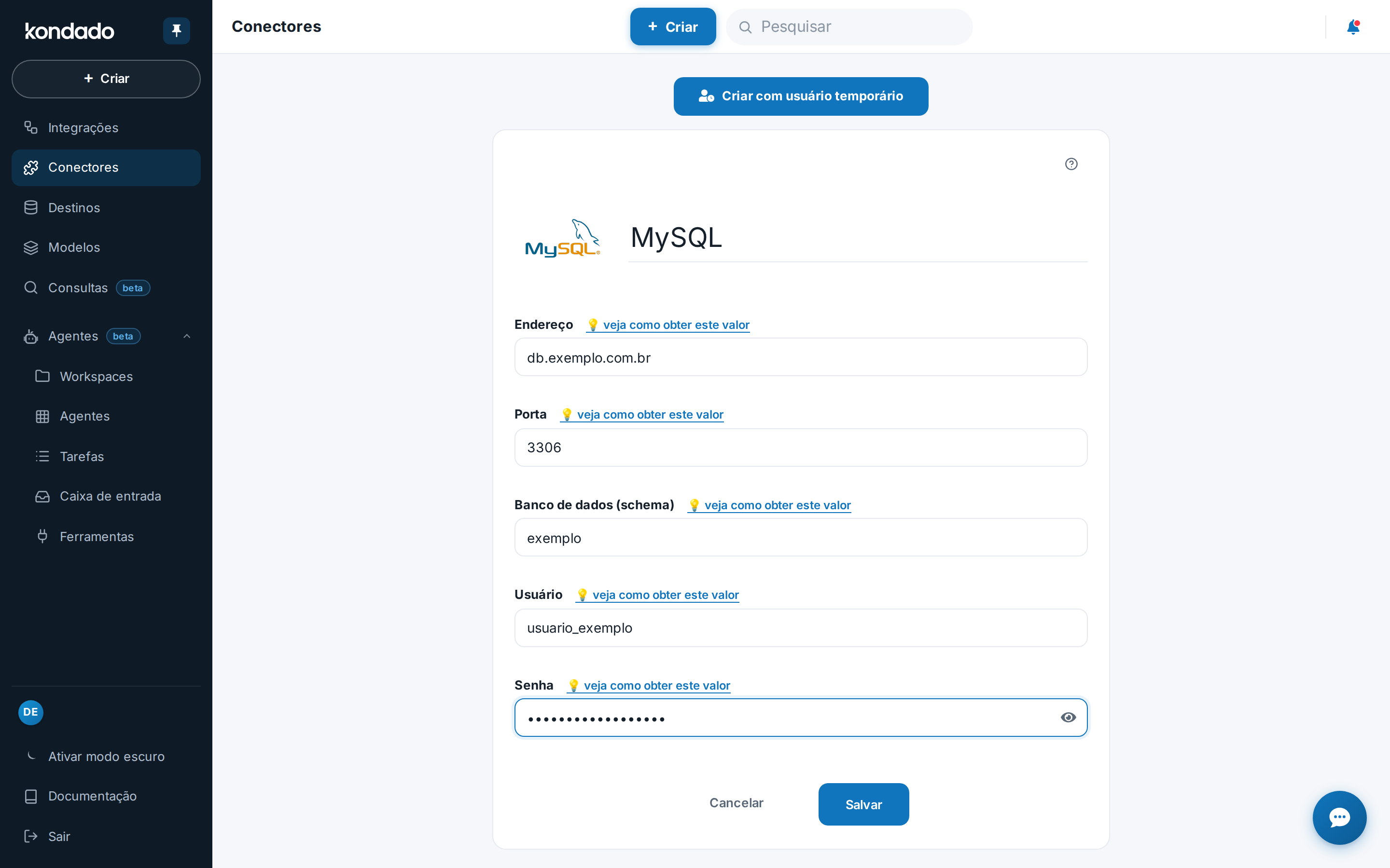 Configuração do conector — ícone de ajuda e Salvar