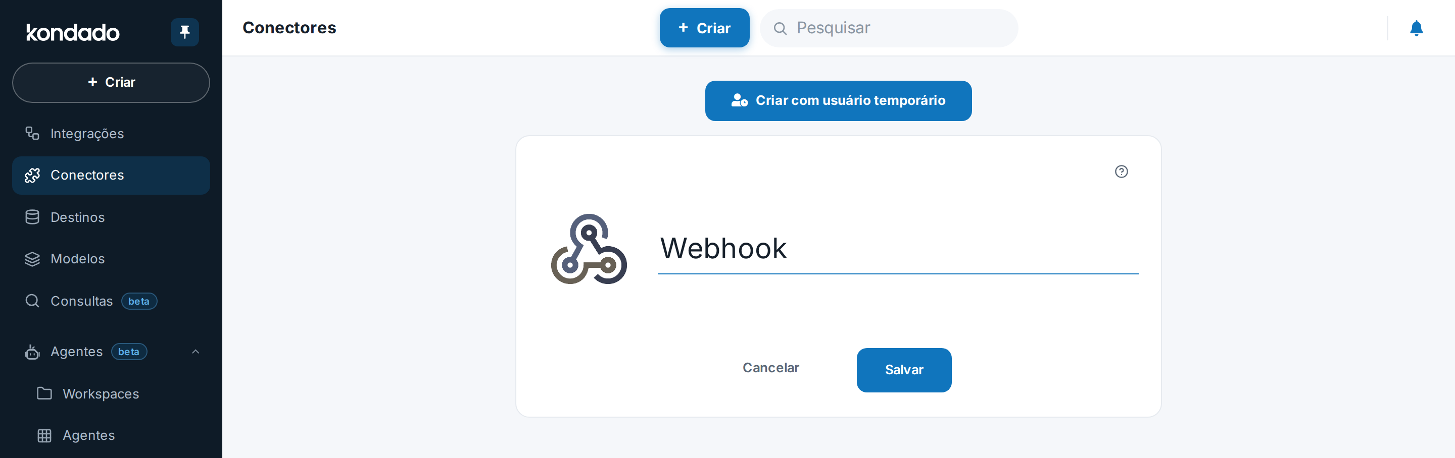 Tela de criação de conector na Kondado