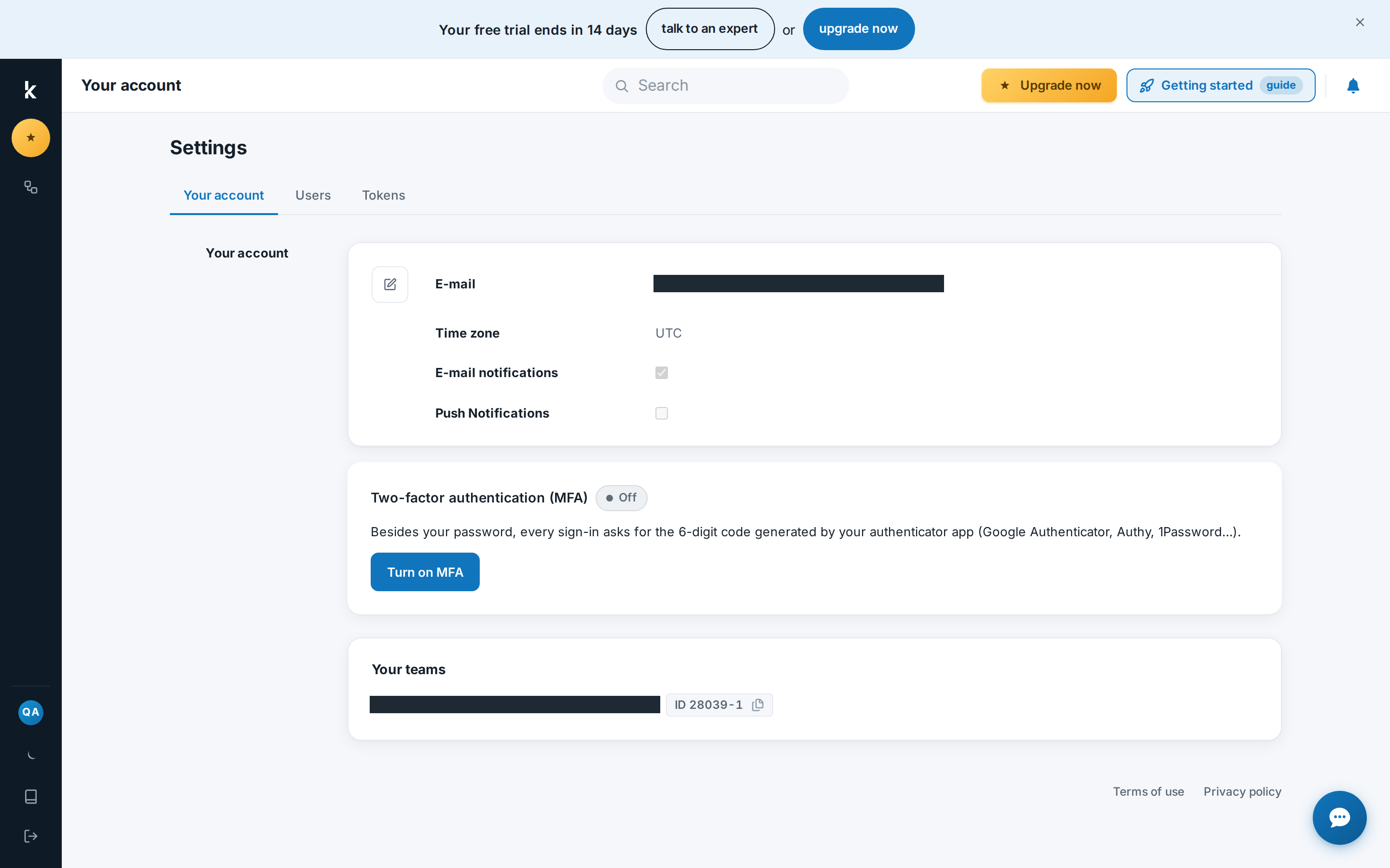 Settings page, Your account tab