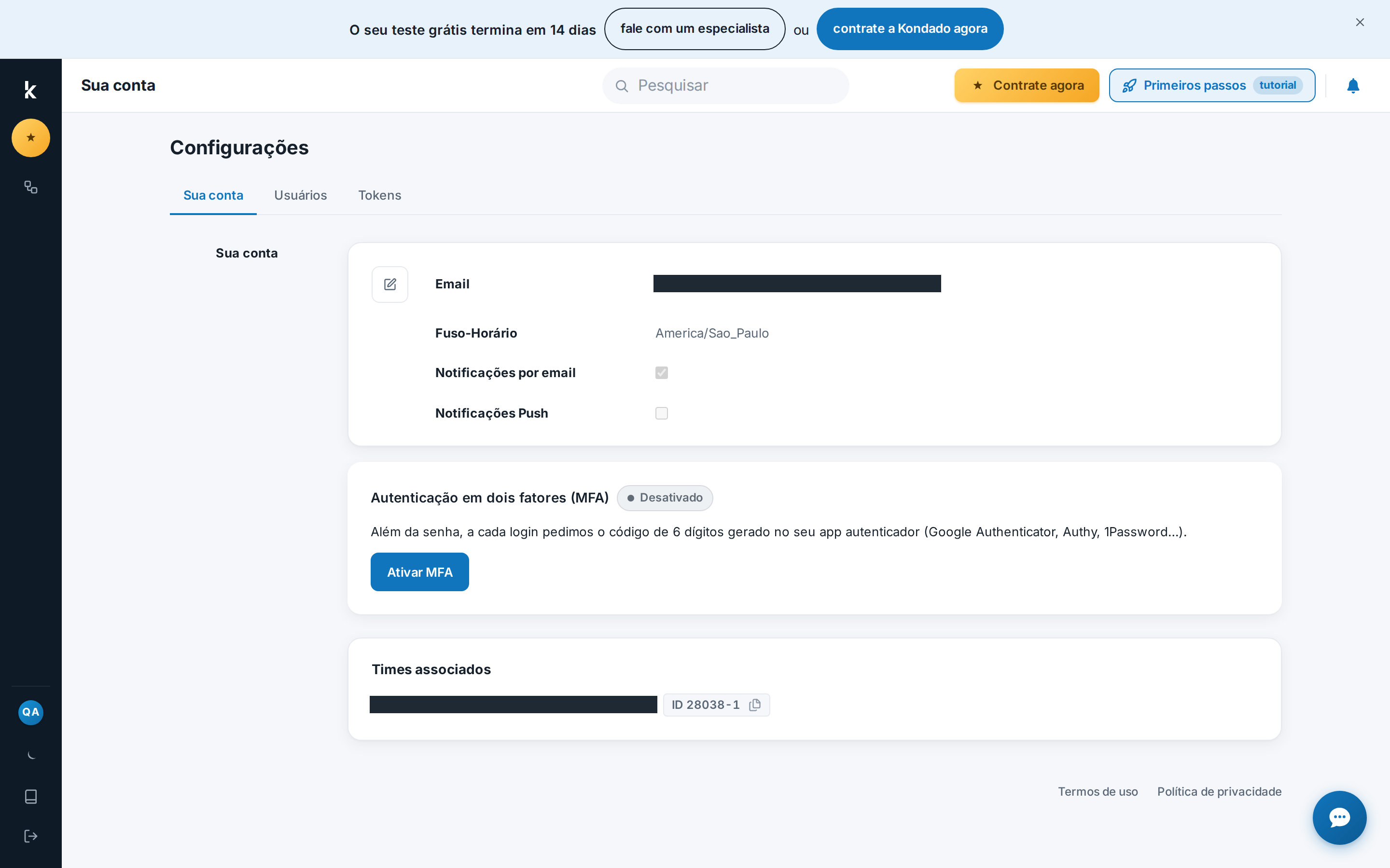 Página Configurações, aba Sua conta