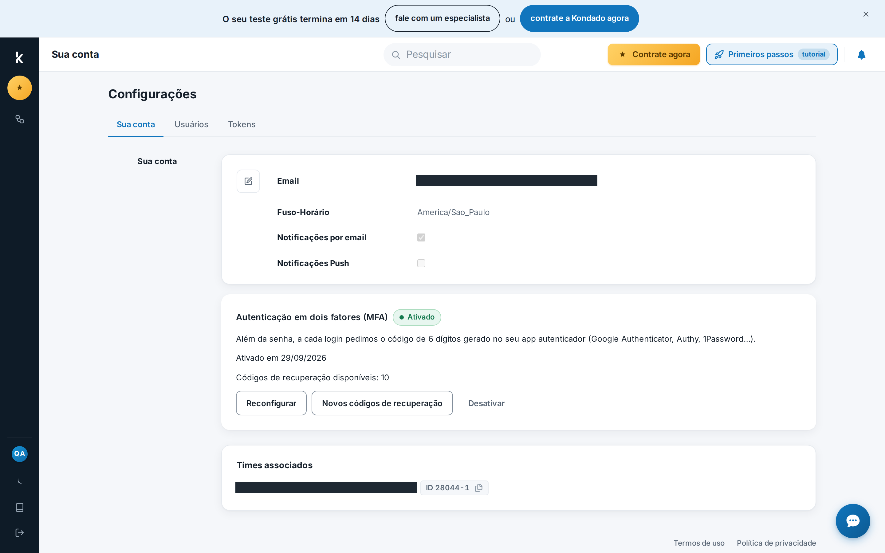 Cartão de MFA com status Ativado