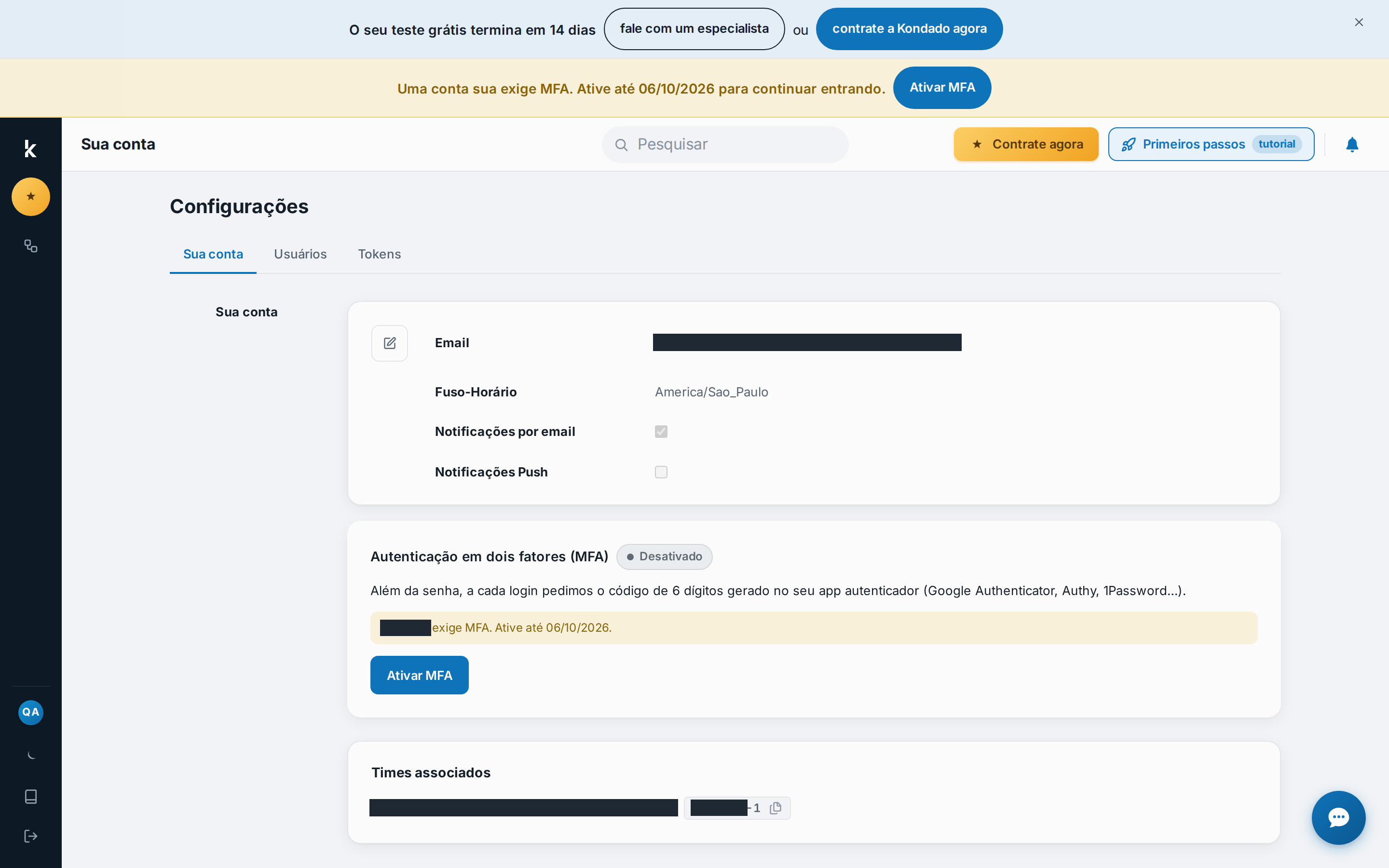 Faixa de aviso de MFA obrigatório com a data-limite