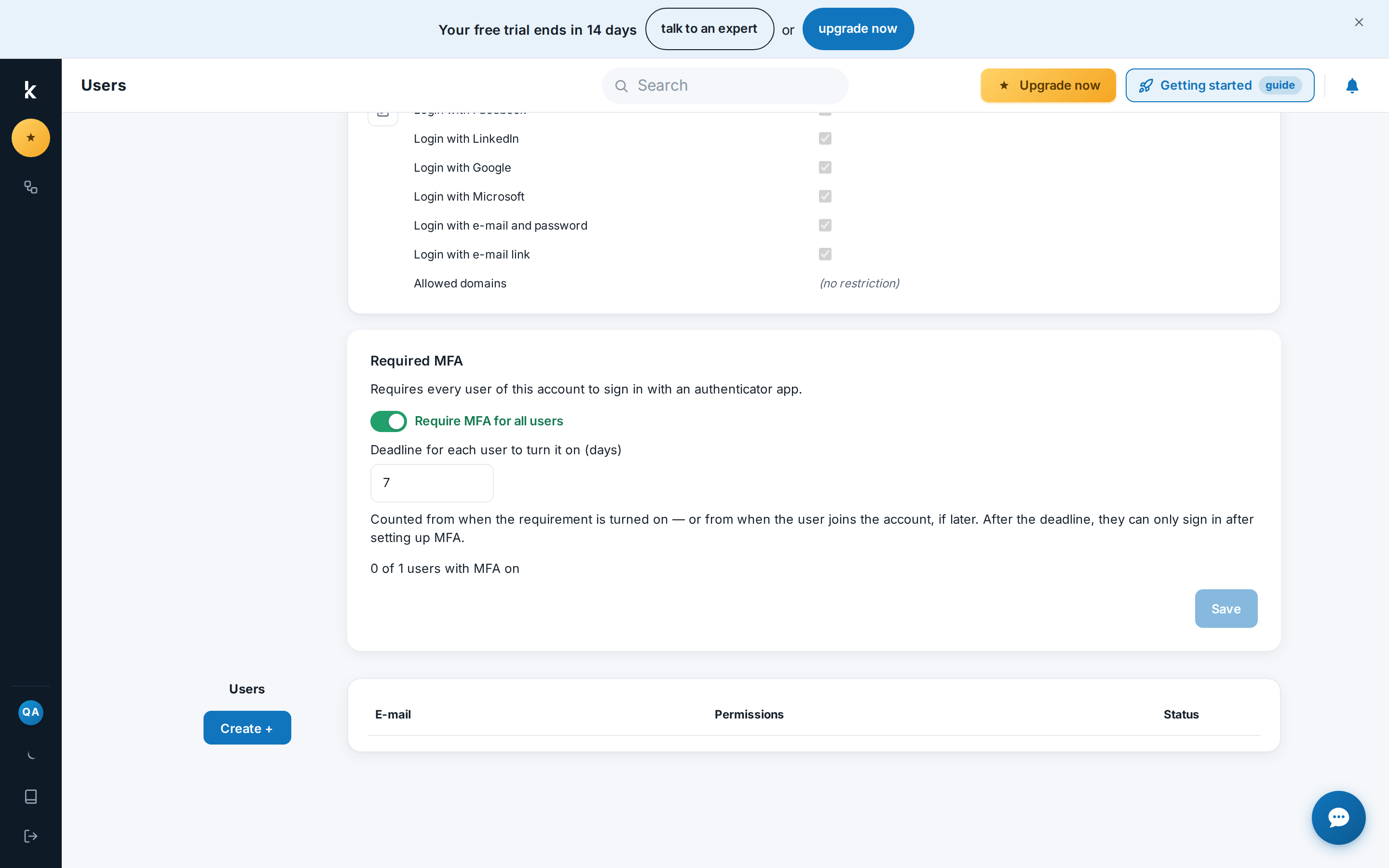 Required MFA card on the users page