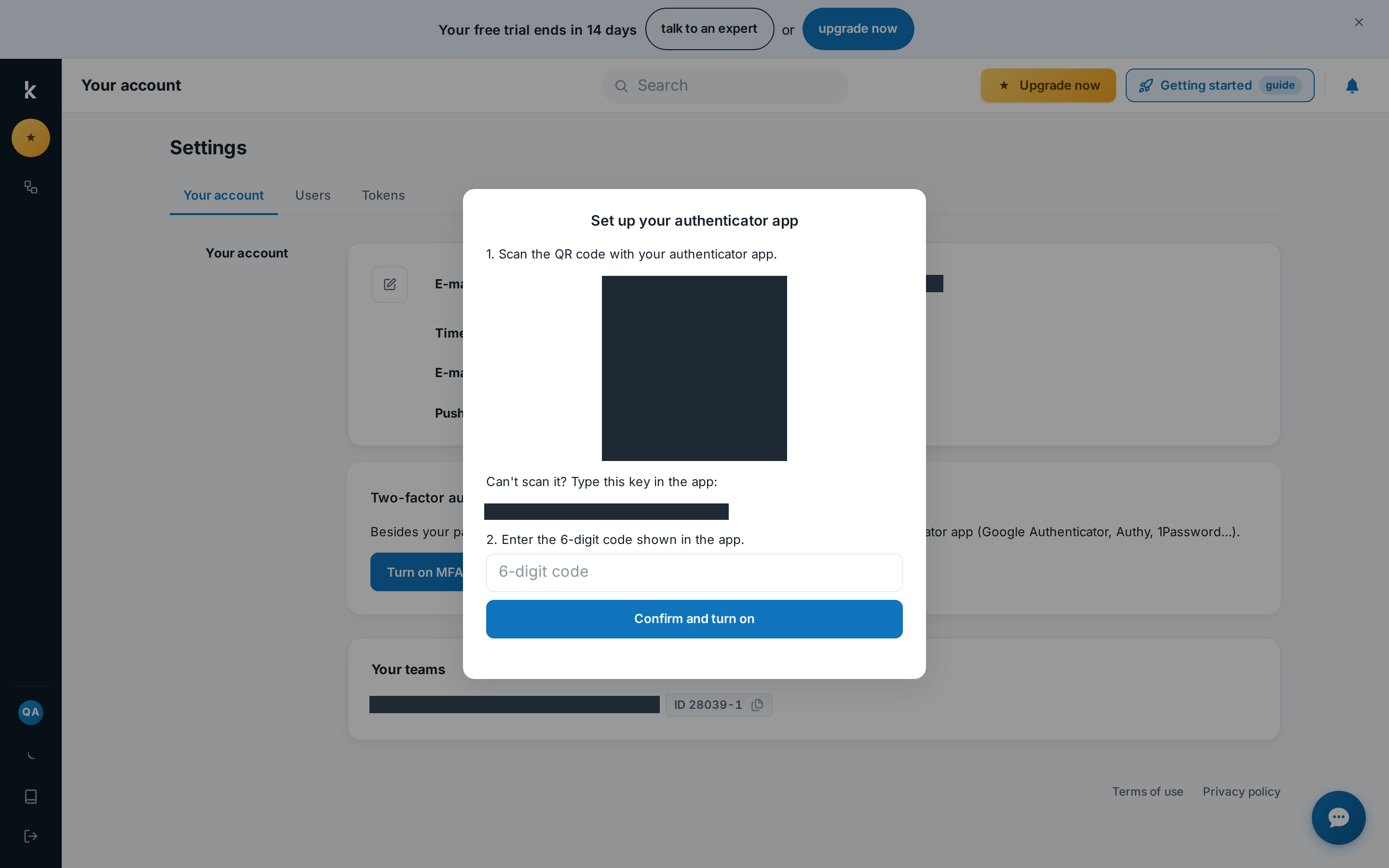 Set up your authenticator app window
