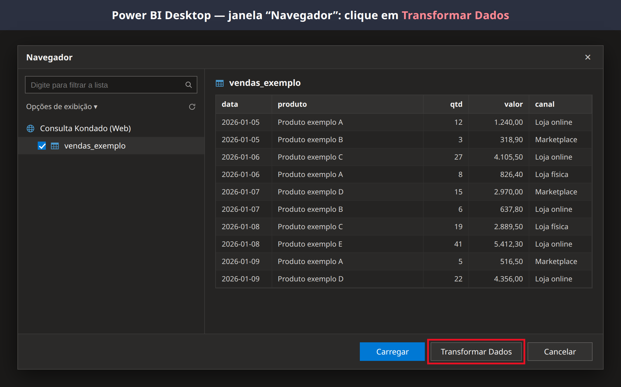 Power BI: janela Navegador, clique em Transformar Dados