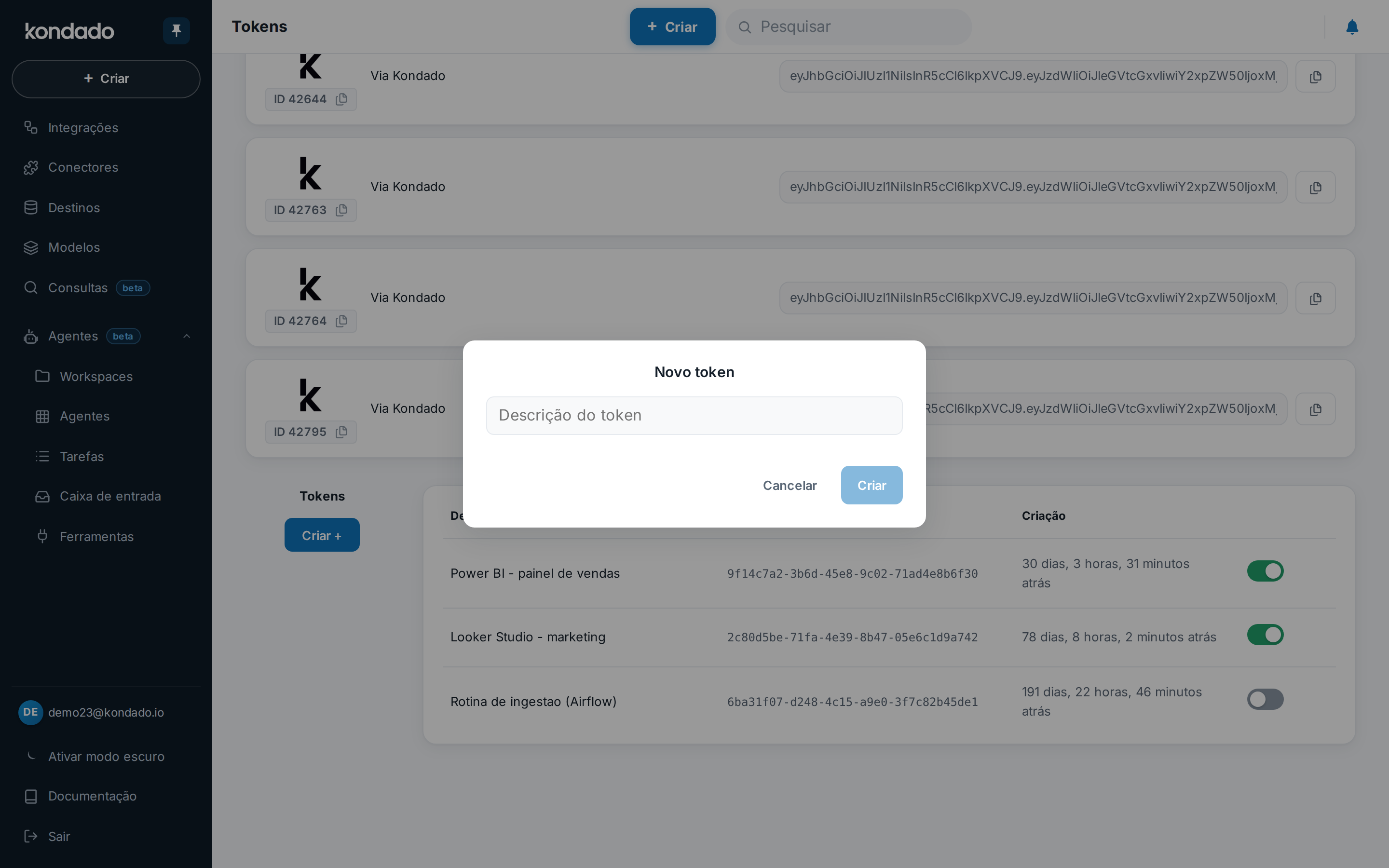 Modal de criação de token