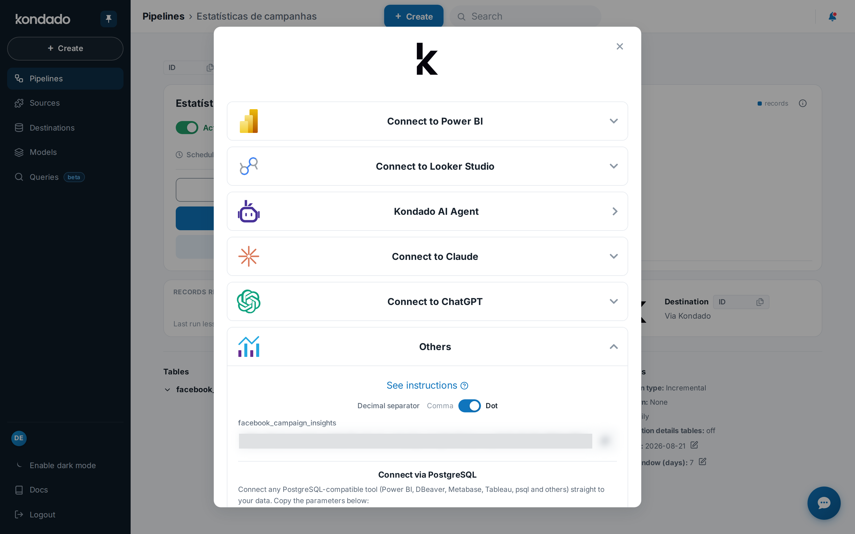 Screenshot of the View Data modal in Kondado