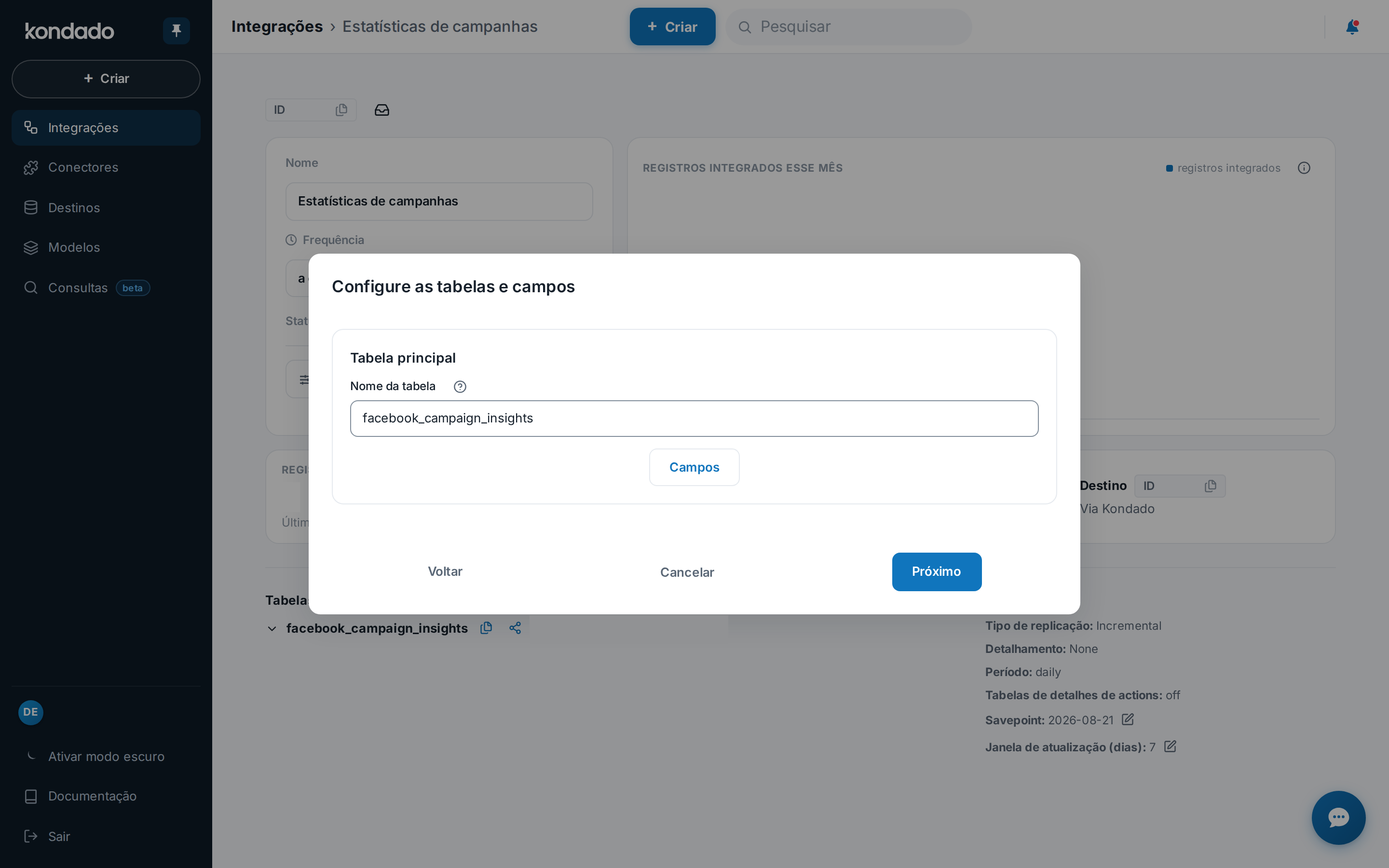 Configure as tabelas e campos