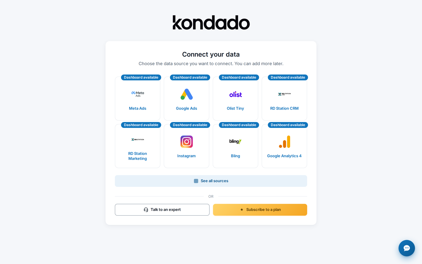 Kondado Welcome page with source grid