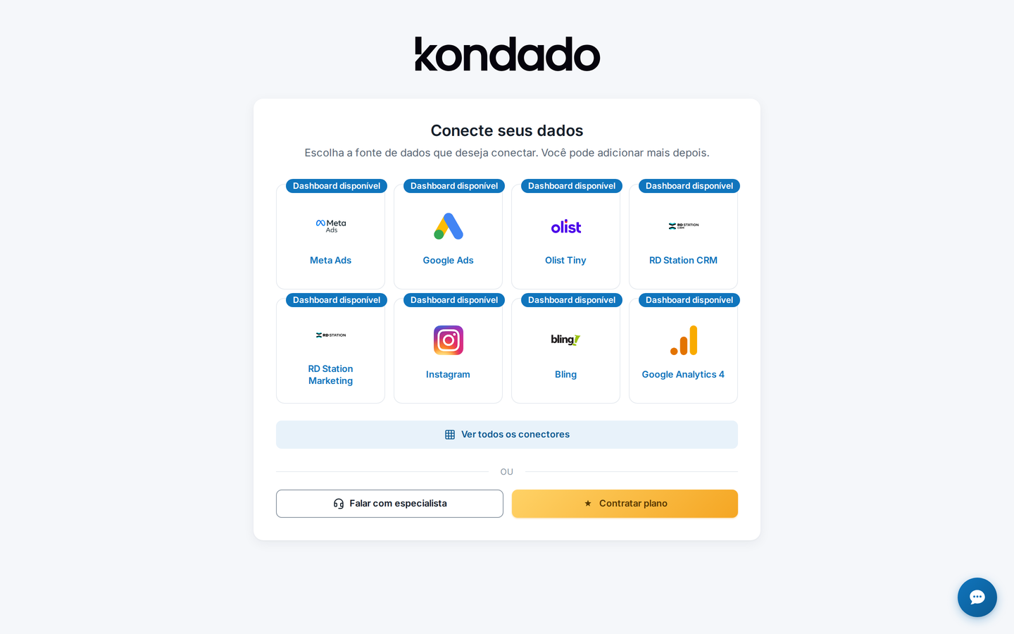 Página de boas-vindas da Kondado com grid de conectores