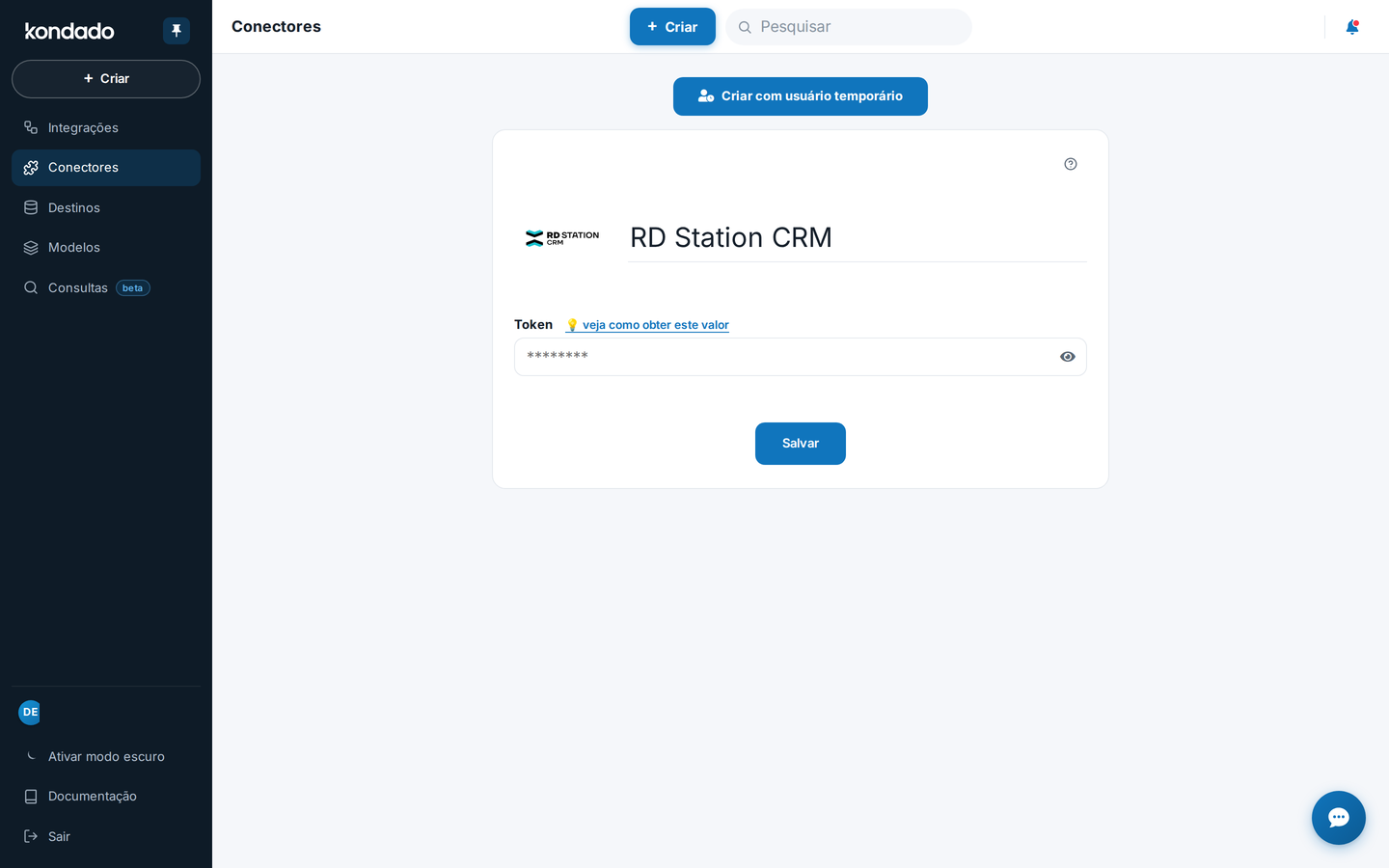 Formulário de configuração com campo Token
