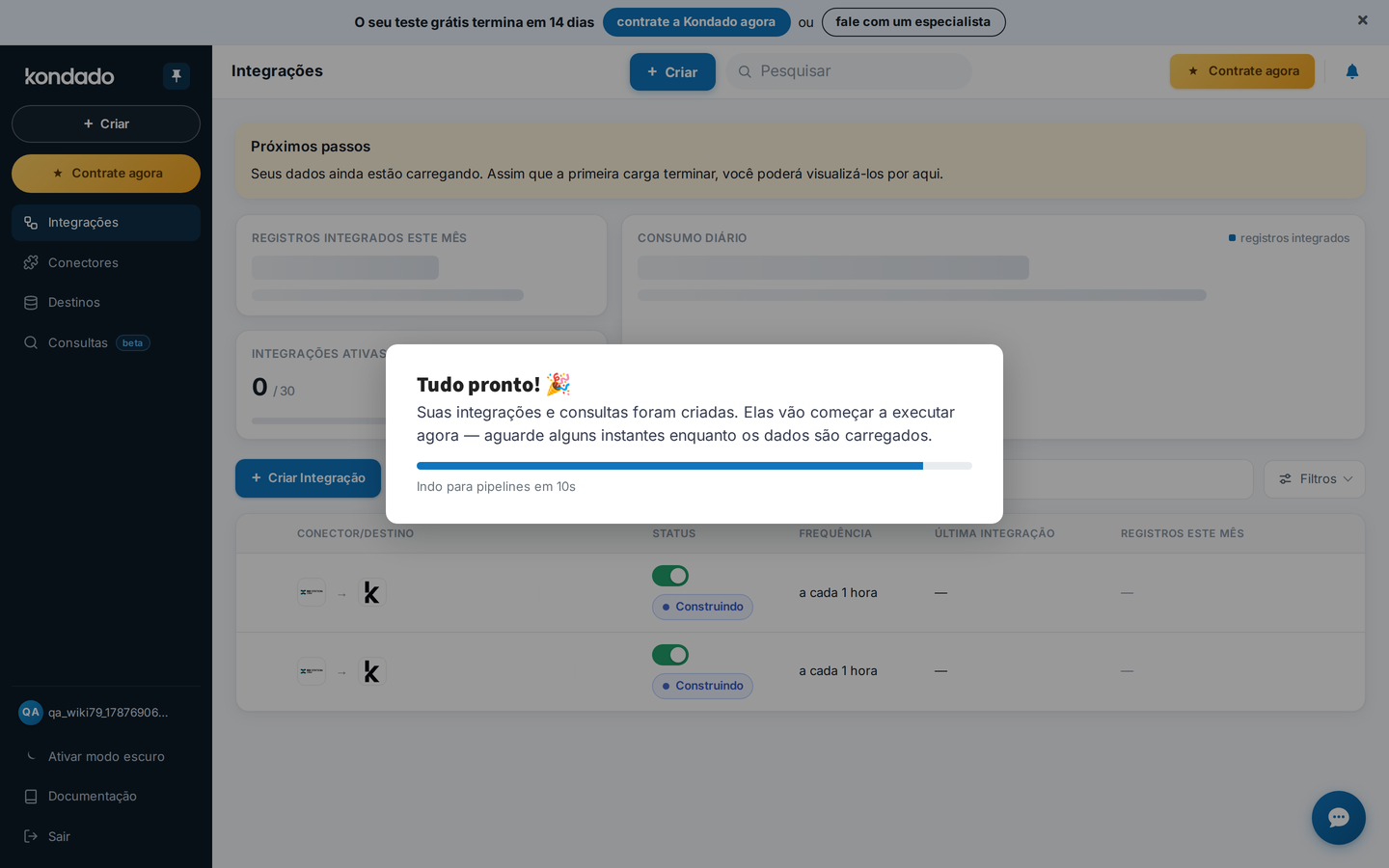 Integrações criadas — dados sendo carregados