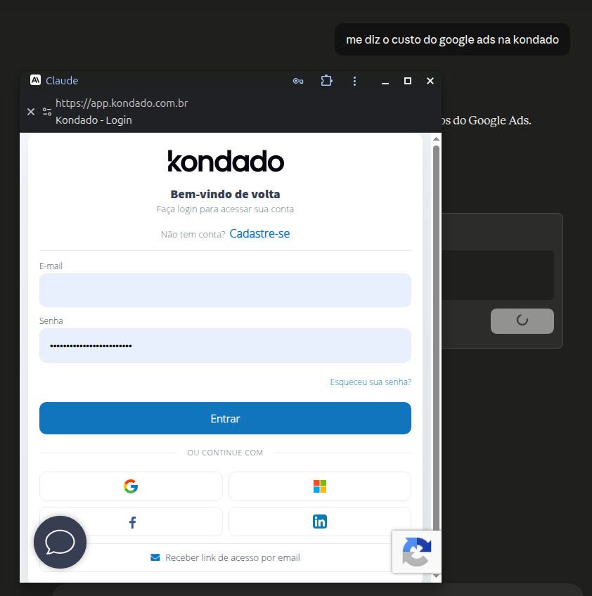Kondado login screen at app.kondado.com.br