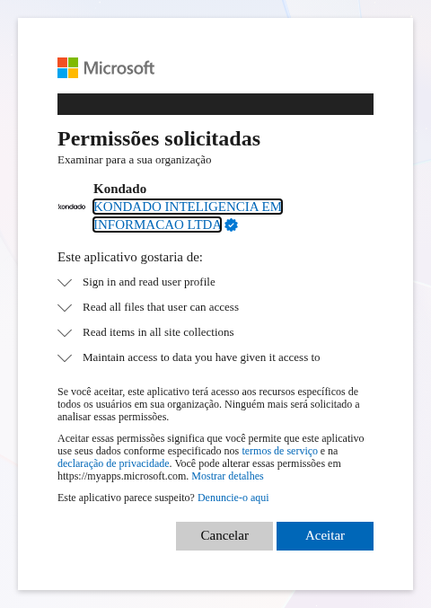 Kondado permissions approval screen for the organization