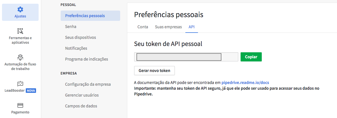 Pipedrive API Token - Passo 2