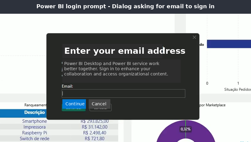 Power BI login prompt dialog