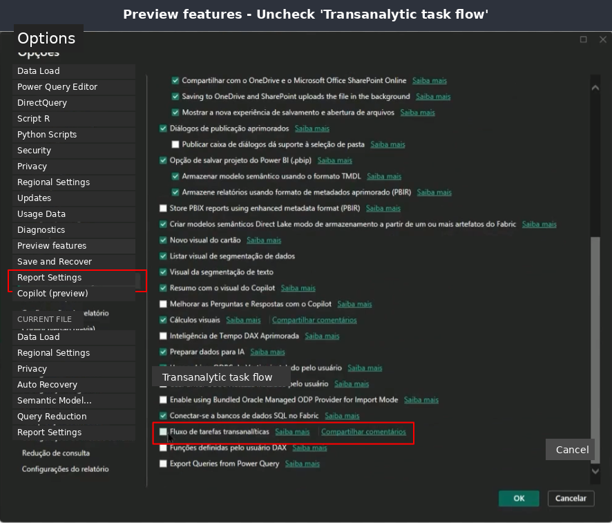 Power BI Preview features settings