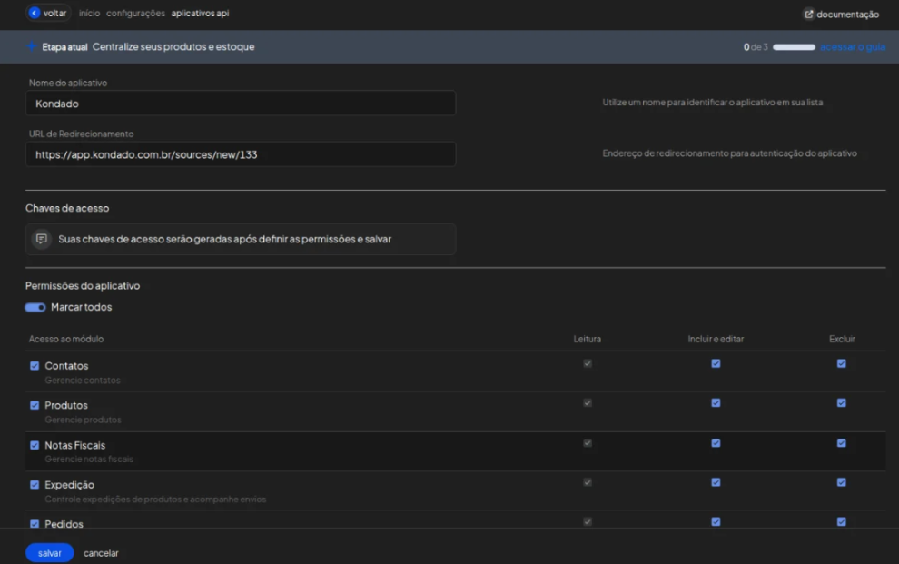 Tela de cria&ccedil;&atilde;o do aplicativo de API no Olist Tiny, com nome do aplicativo, URL de redirecionamento e permiss&otilde;es